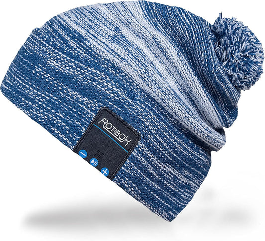 Washable Winter Bluetooth Beanie Hat Pom Pom Knit Music Cap with Removal Speakers & Mic Hands Free Wireless Headphones Headsets Earphone for Skiing Skating Hiking Running, Blue
